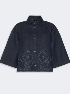 Boxy shirt in laser-treated cotton denim - NAVY