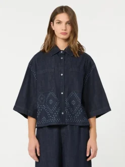 Boxy shirt in laser-treated cotton denim - NAVY