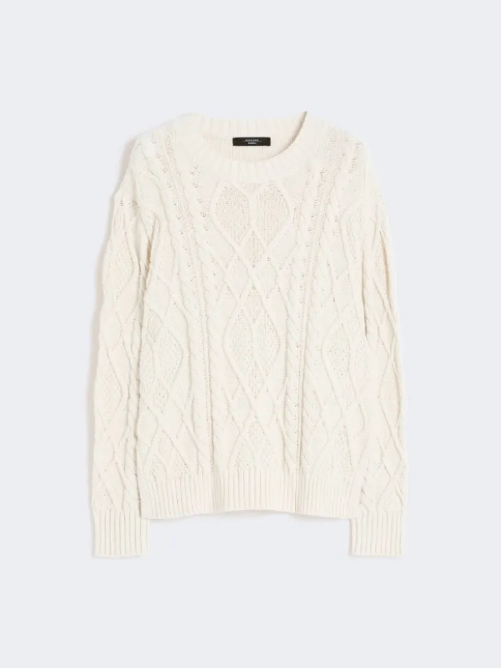 Cable and diamond-knit cotton sweater - ECRU