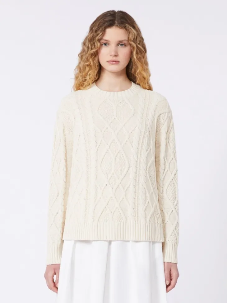 Cable and diamond-knit cotton sweater - ECRU