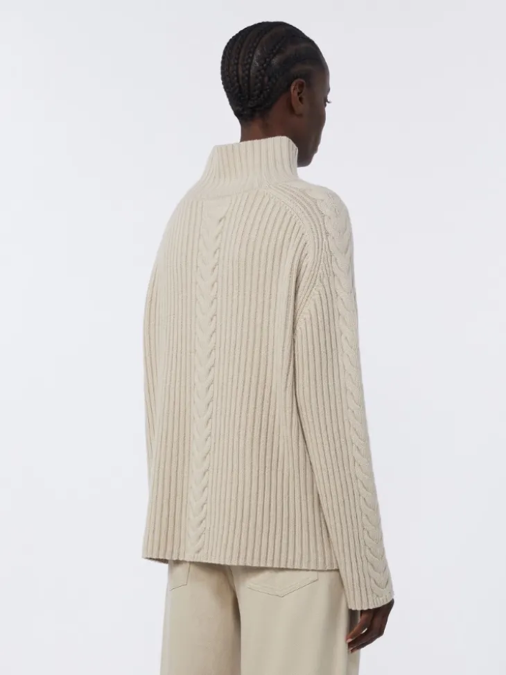Cable-knit wool and cashmere polo-neck sweater - WHITE