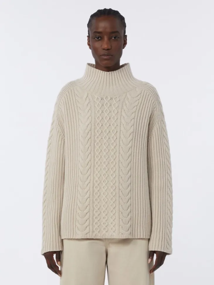 Cable-knit wool and cashmere polo-neck sweater - WHITE