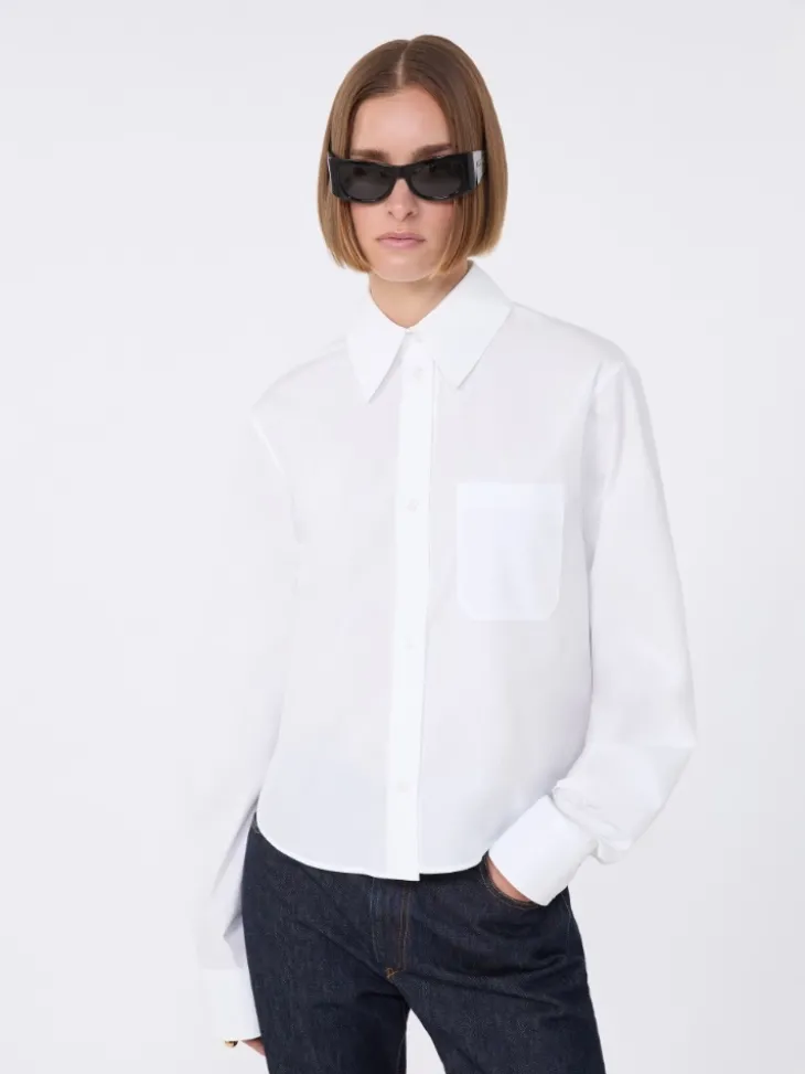 Cotton cropped shirt with pleated back - OPTICAL WHITE