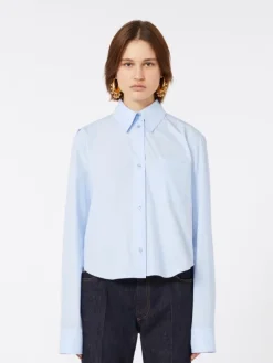 Cotton cropped shirt with pleated back - LIGHT BLUE
