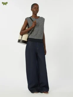 Cotton denim wide-leg jeans - NAVY