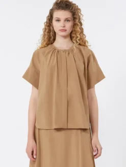 Cotton poplin crew-neck shirt - TOBACCO