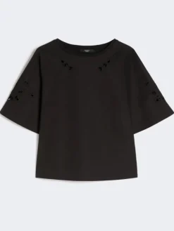 Cotton-poplin top with embroideries - BLACK