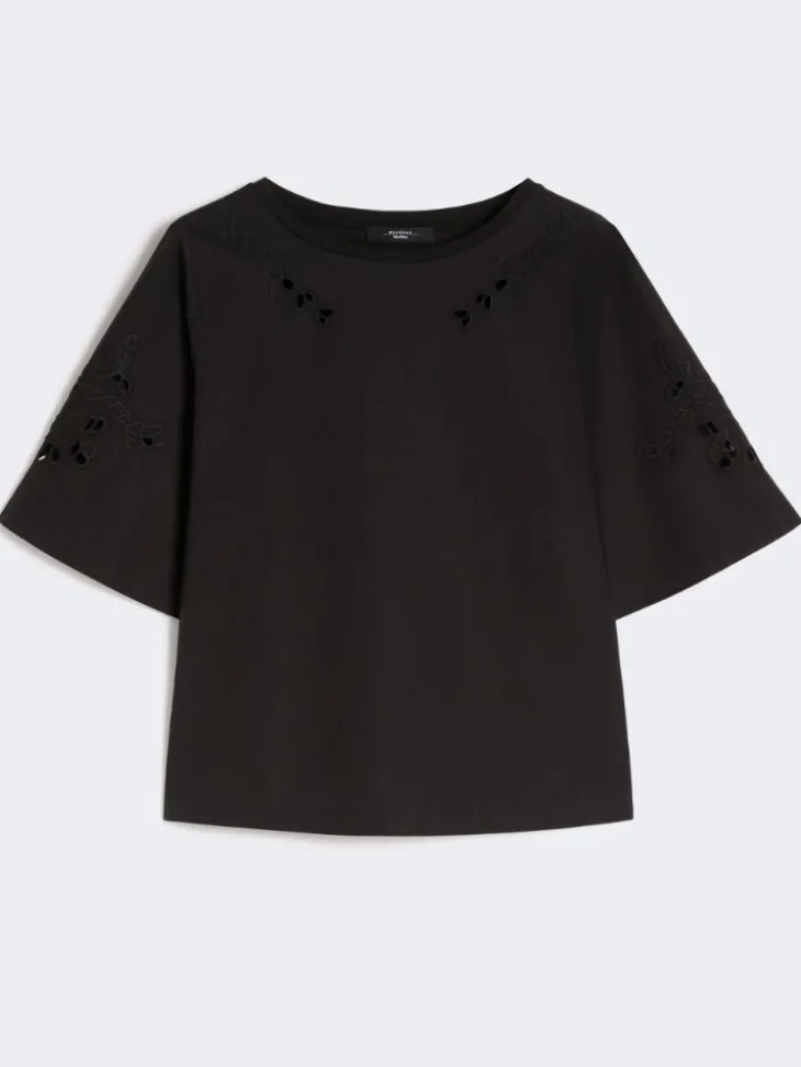Cotton-poplin top with embroideries - BLACK