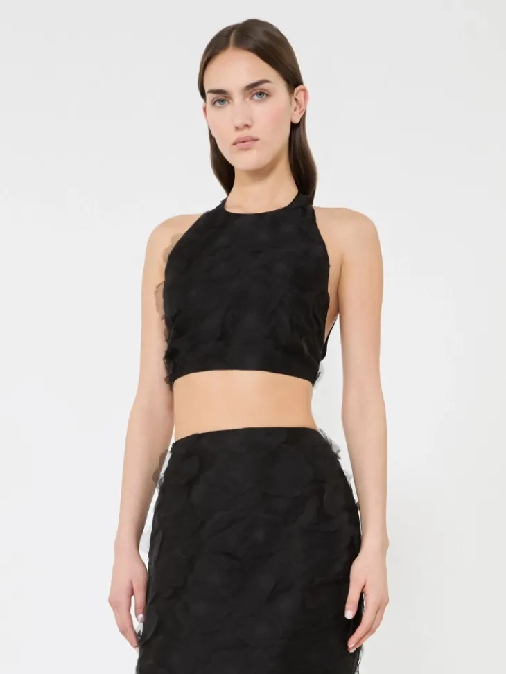 Crop top in silk fil coupé jacquard - BLACK
