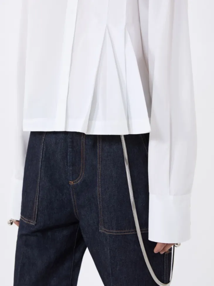 Cropped poplin shirt with asymmetrical pleats - OPTICAL WHITE