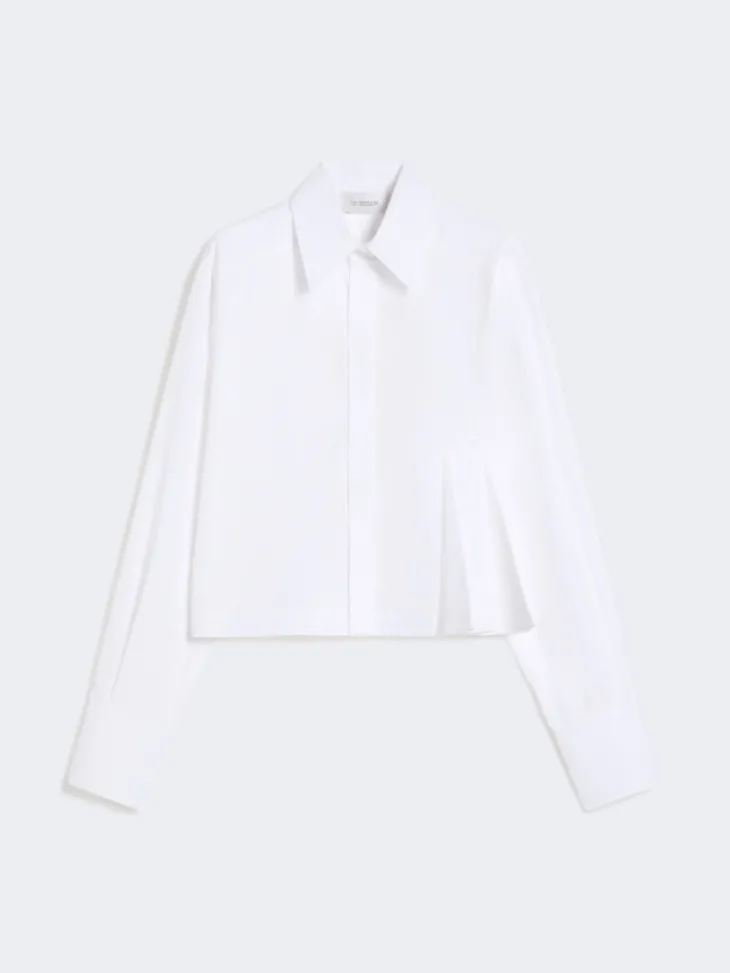 Cropped poplin shirt with asymmetrical pleats - OPTICAL WHITE
