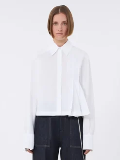 Cropped poplin shirt with asymmetrical pleats - OPTICAL WHITE
