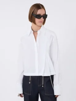 Cropped poplin shirt with asymmetrical pleats - OPTICAL WHITE