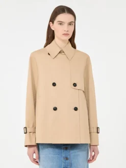 Cropped, water-repellent gabardine trench coat - BEIGE