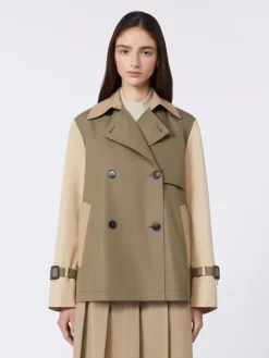 Cropped, water-repellent gabardine trench coat - MUD