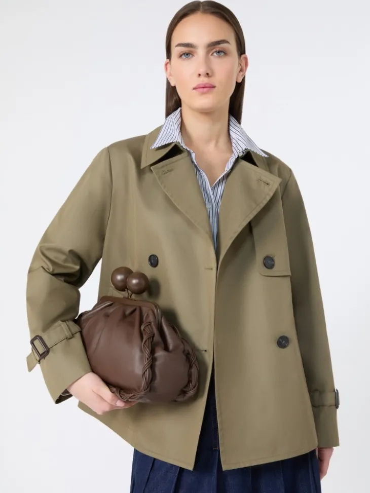 Cropped, water-repellent gabardine trench coat - MUD
