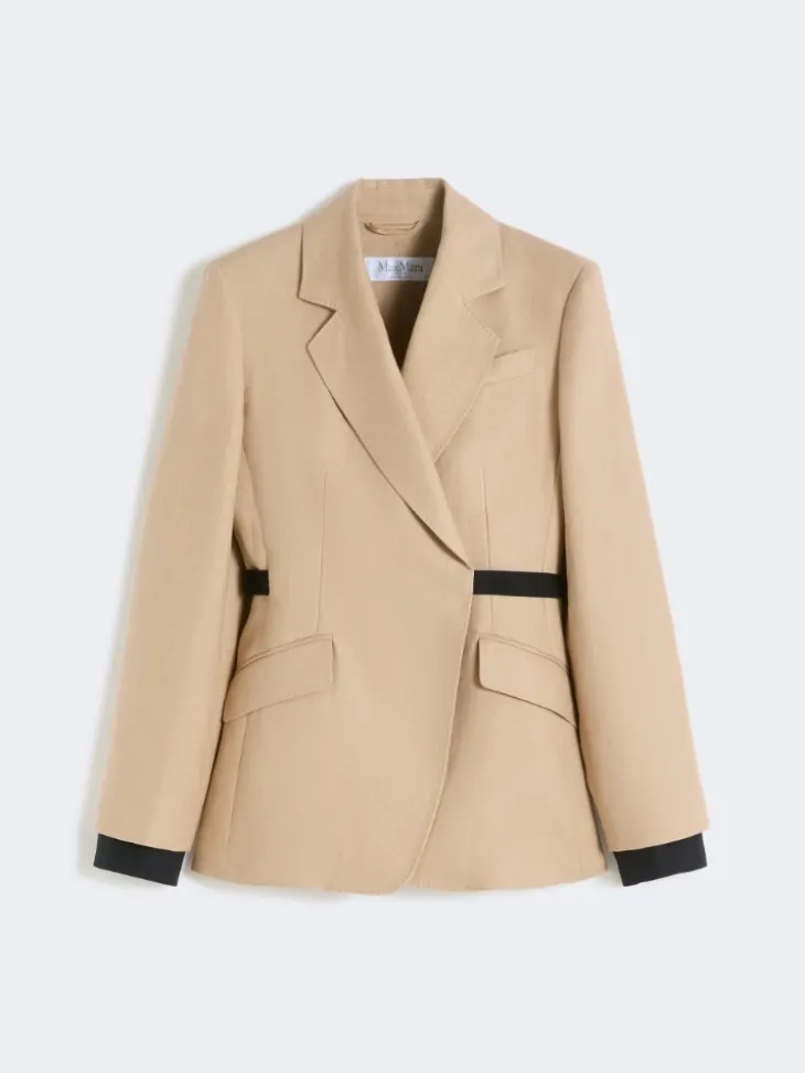 Double-breasted blazer in pure linen natté - CAMEL