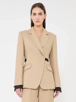 Double-breasted blazer in pure linen natté - CAMEL