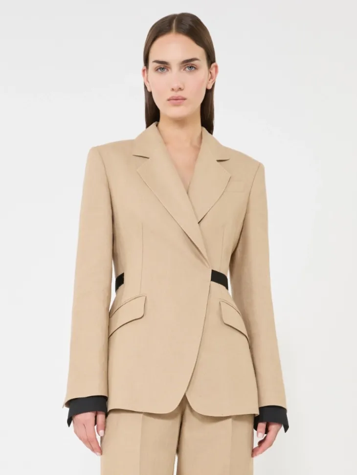 Double-breasted blazer in pure linen natté - CAMEL