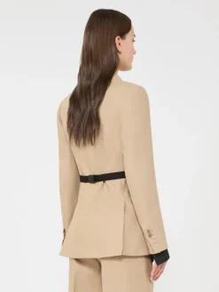 Double-breasted blazer in pure linen natté - CAMEL