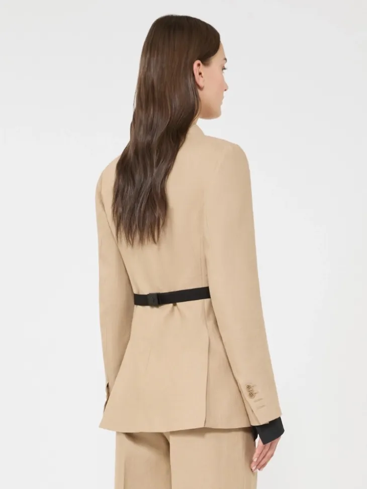 Double-breasted blazer in pure linen natté - CAMEL