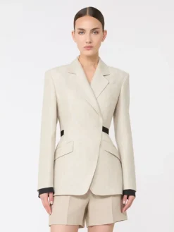 Double-breasted blazer in linen drill - SAND
