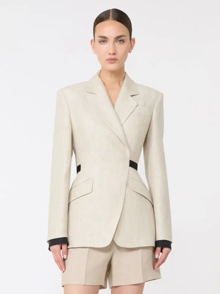 Double-breasted blazer in linen drill - SAND