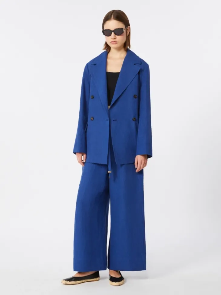 Double-breasted linen canvas jacket - CORNFLOWER BLUE
