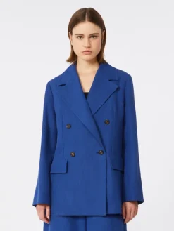 Double-breasted linen canvas jacket - CORNFLOWER BLUE