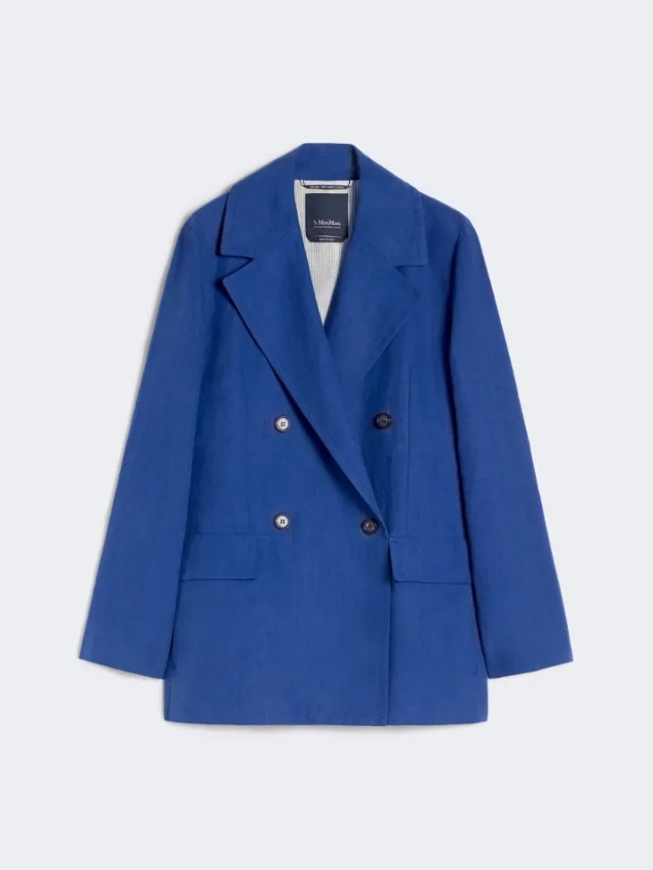 Double-breasted linen canvas jacket - CORNFLOWER BLUE