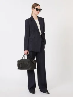 Double-breasted pinstripe wool blazer - NAVY