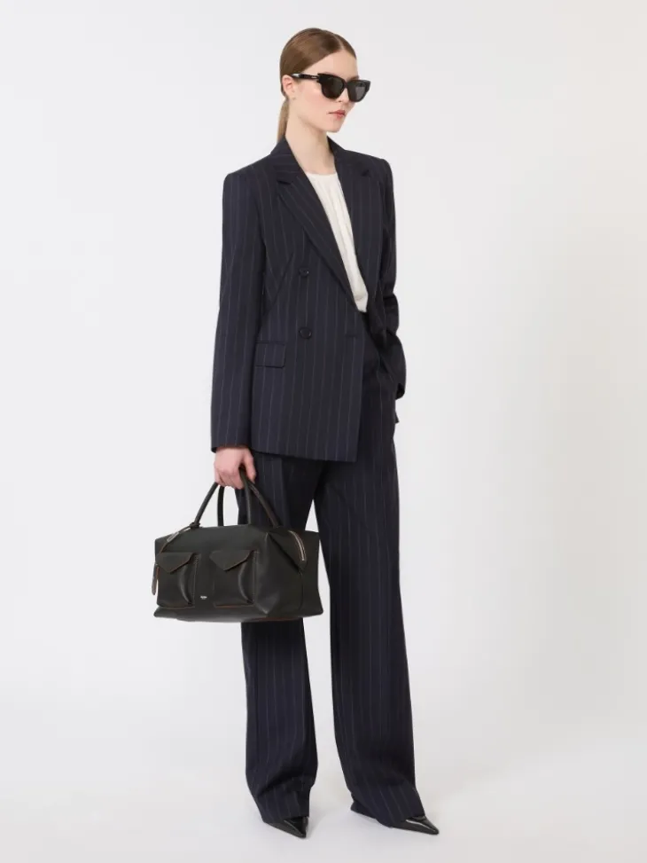 Double-breasted pinstripe wool blazer - NAVY