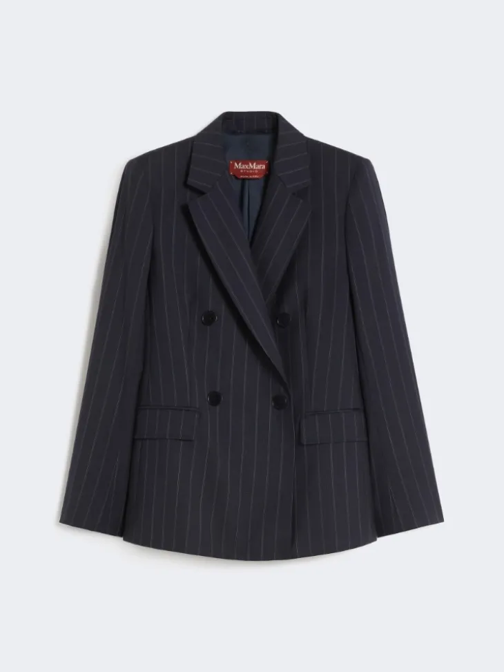 Double-breasted pinstripe wool blazer - NAVY