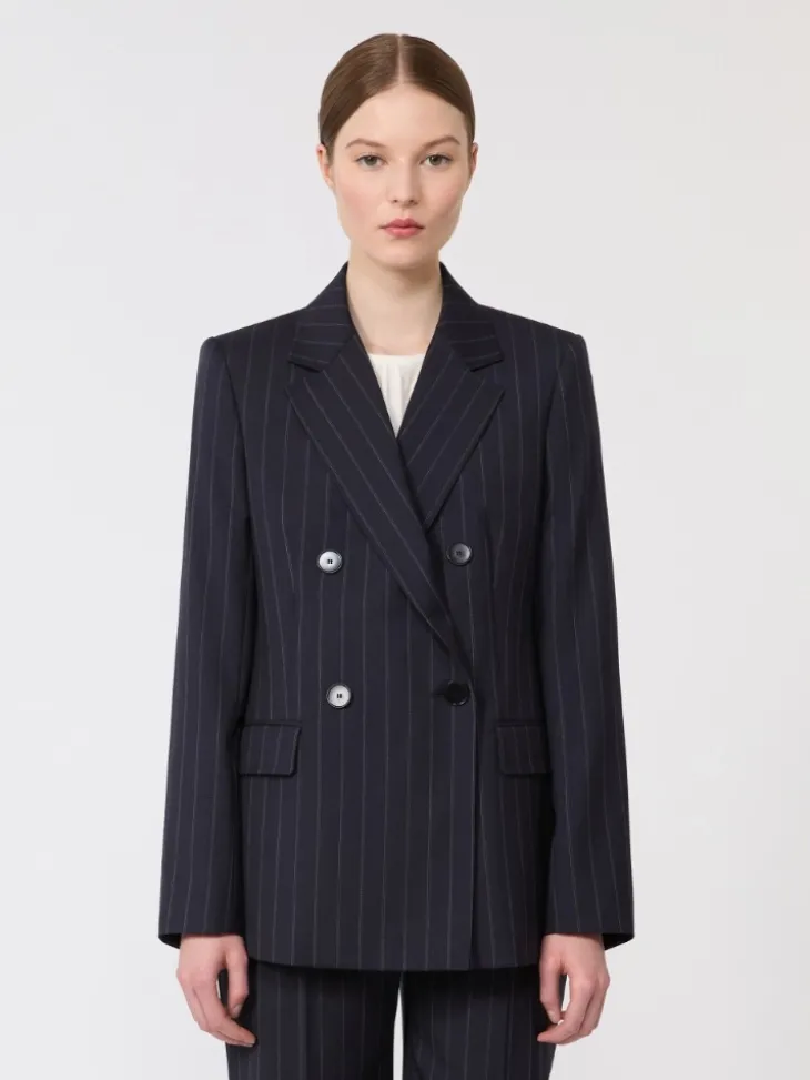 Double-breasted pinstripe wool blazer - NAVY