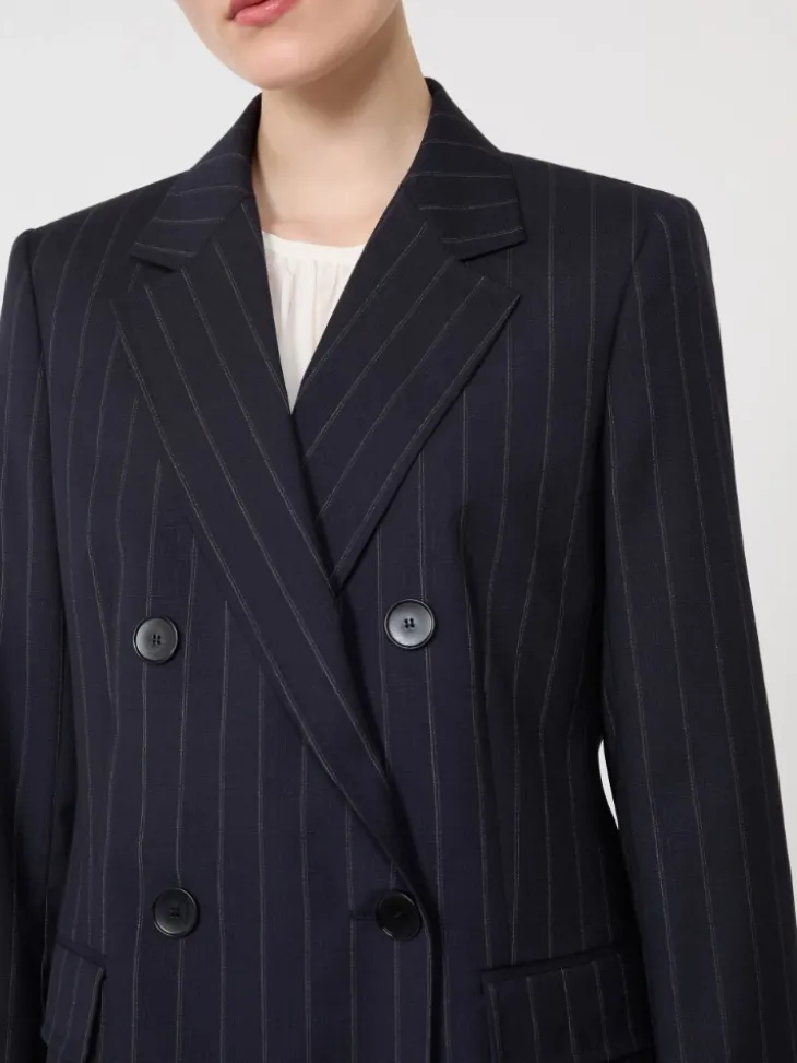 Double-breasted pinstripe wool blazer - NAVY