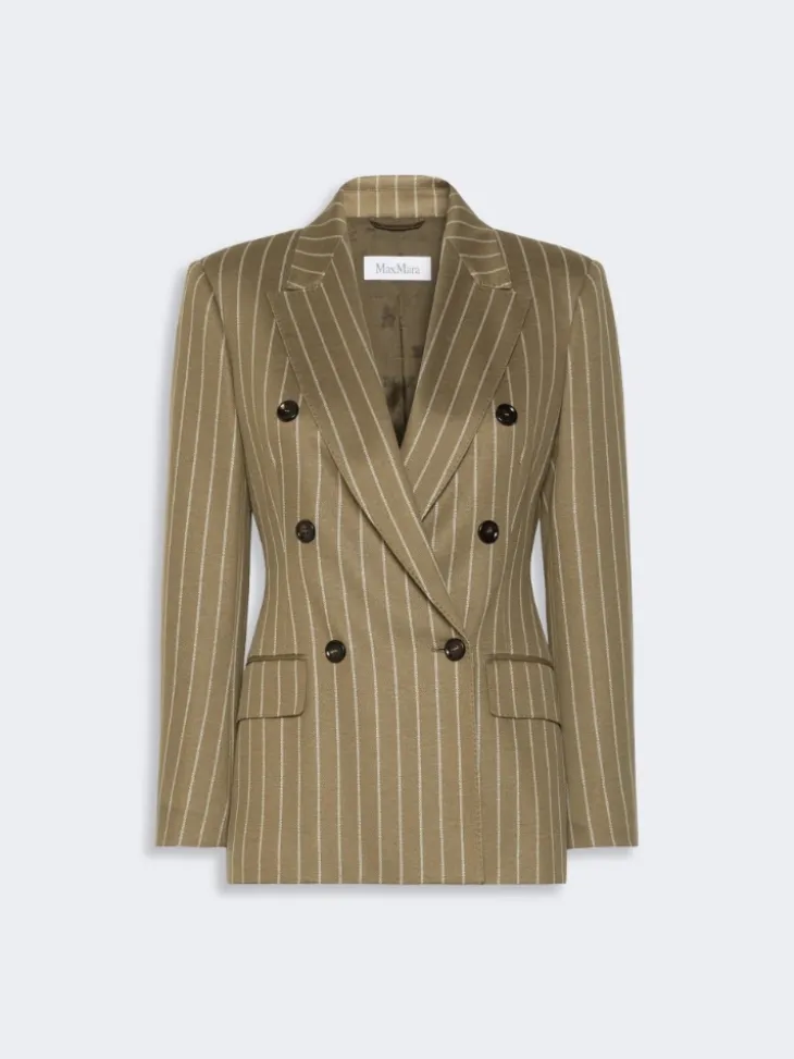 Double-breasted pinstripe jersey blazer - KAKI