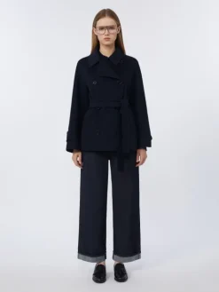 Double-breasted pure-wool cropped coat - MIDNIGHTBLUE