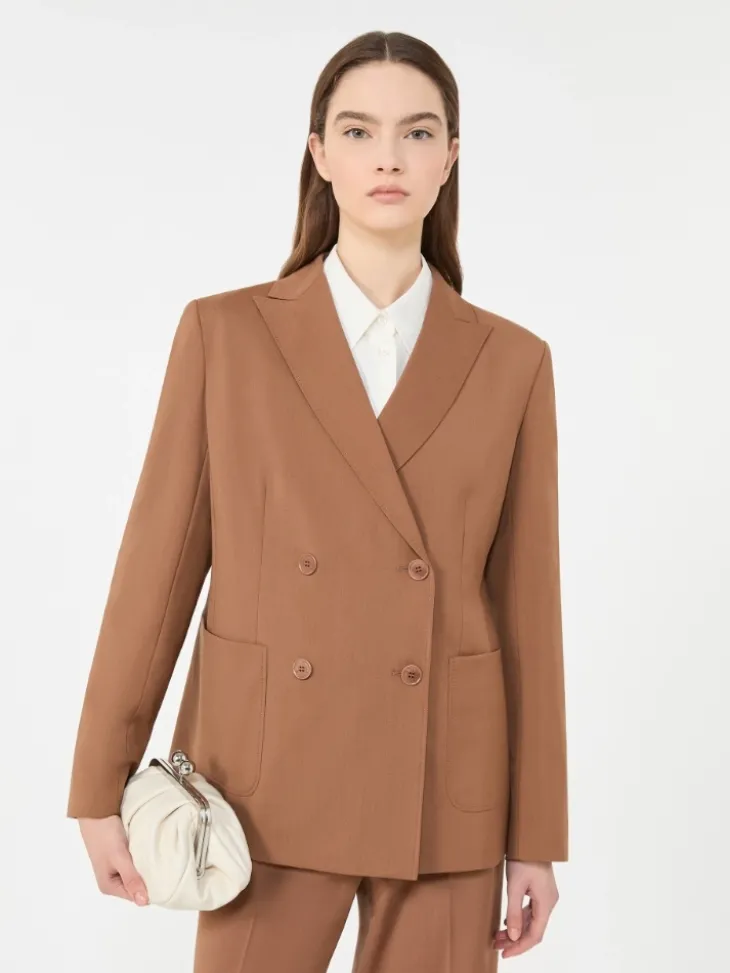 Double-breasted stretch wool blazer - TOBACCO