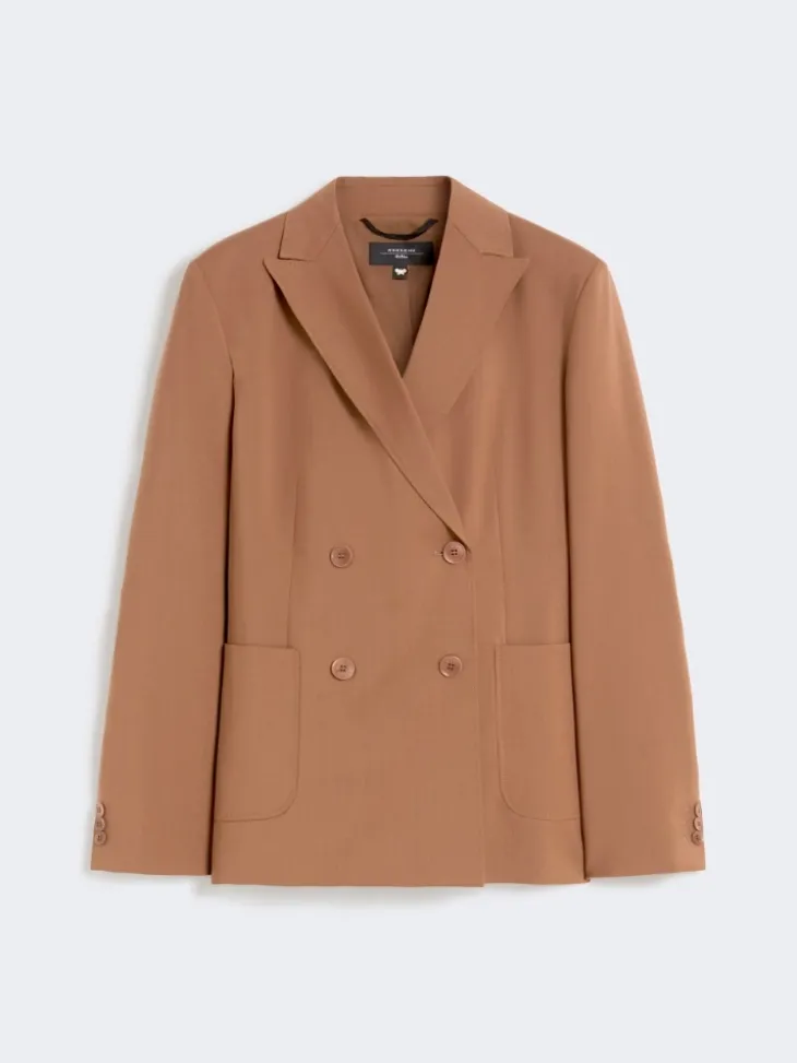Double-breasted stretch wool blazer - TOBACCO