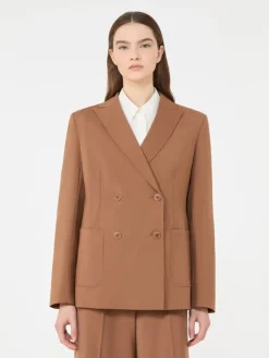 Double-breasted stretch wool blazer - TOBACCO