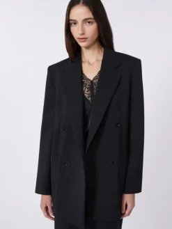 Double-breasted technical wool blazer - BLACK
