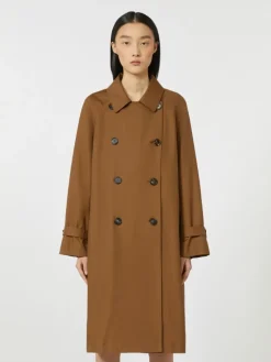 Double-breasted water-repellent twill trench coat - TOBACCO