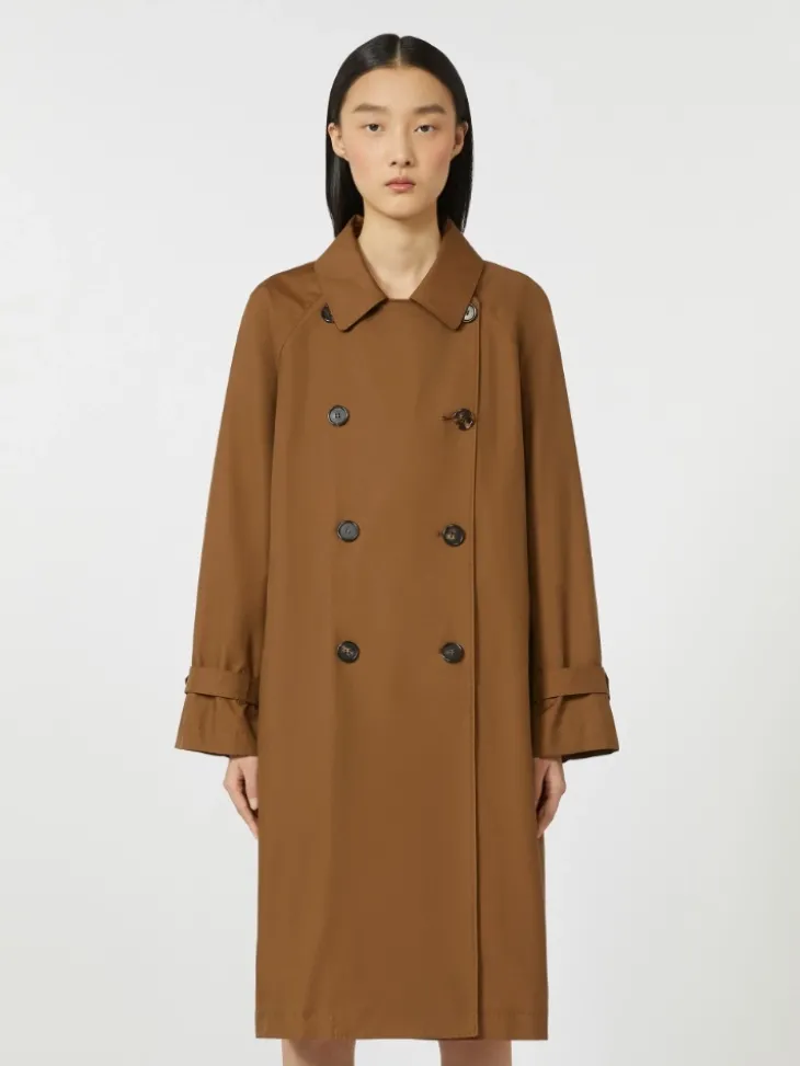 Double-breasted water-repellent twill trench coat - TOBACCO