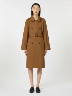 Double-breasted water-repellent twill trench coat - TOBACCO