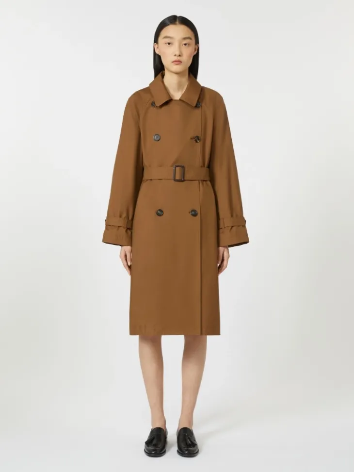Double-breasted water-repellent twill trench coat - TOBACCO
