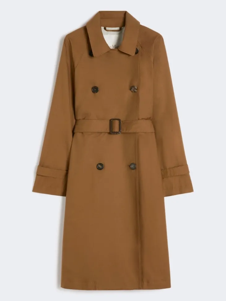 Double-breasted water-repellent twill trench coat - TOBACCO