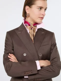 Double-breasted wool and silk blazer - TOBACCO