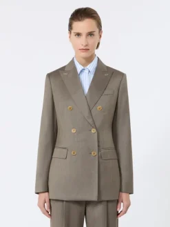 Double-breasted wool and silk blazer - CAMEL