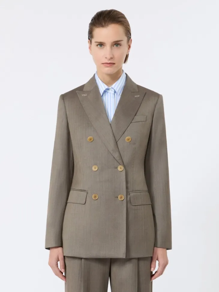 Double-breasted wool and silk blazer - CAMEL