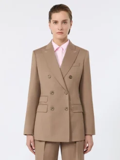 Double-breasted wool twill blazer - HAZELNUT BROWN